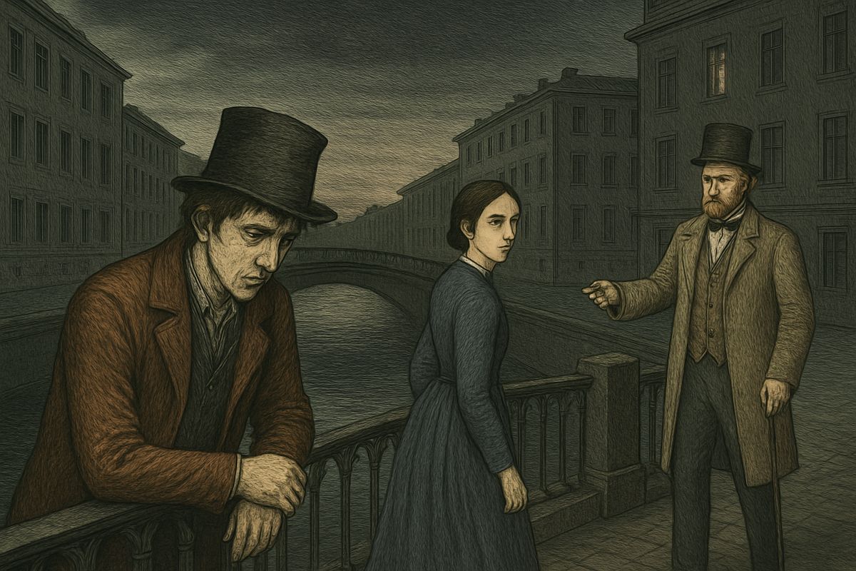 Raskolnikov watched Svidrigaïlov drive off toward the Islands and turned away in disgust. But Svidrigaïlov dismissed the cab and doubled back. At the bridge Raskolnikov stood staring at the water, never noticing Dounia, who slipped past him at Svidrigaïlov's signal.