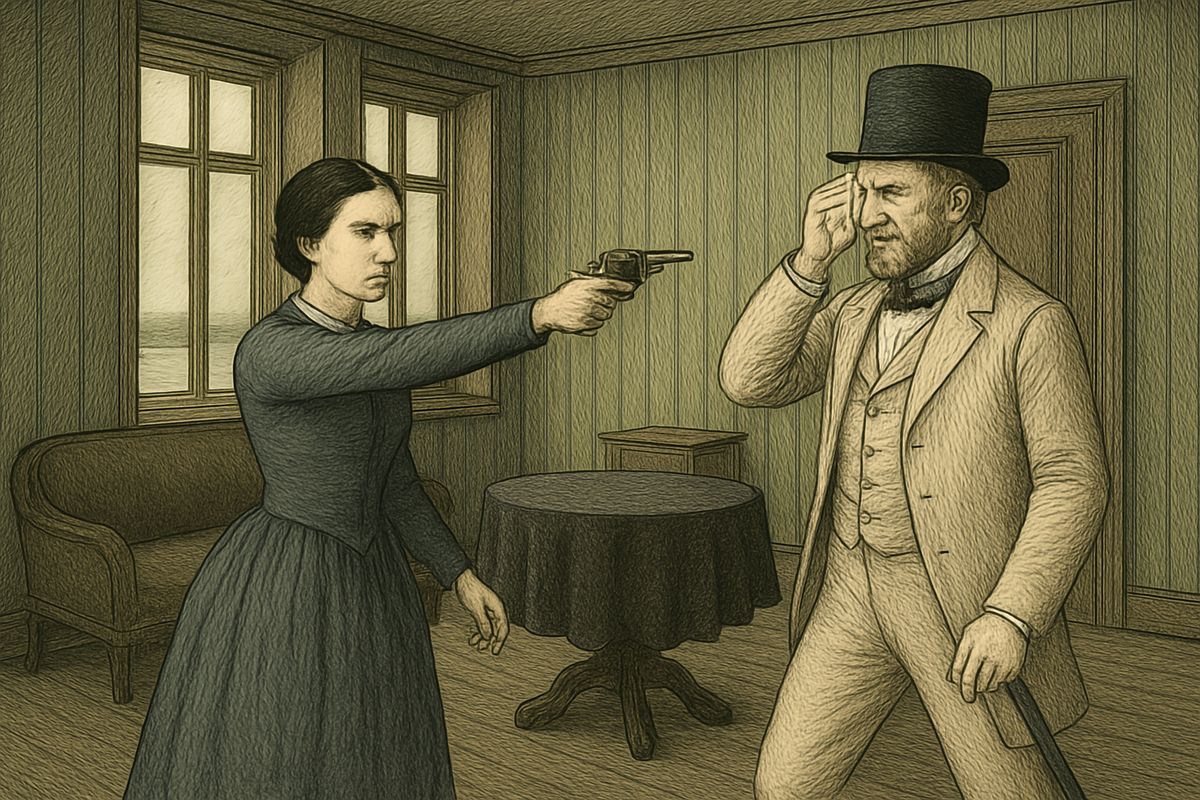 “I have lost the key,” he said. When he pressed her to buy her brother's safety with herself, Dounia drew Marfa Petrovna's revolver. The first bullet grazed his temple; the second misfired. With him two paces away, waiting, she flung the revolver down.