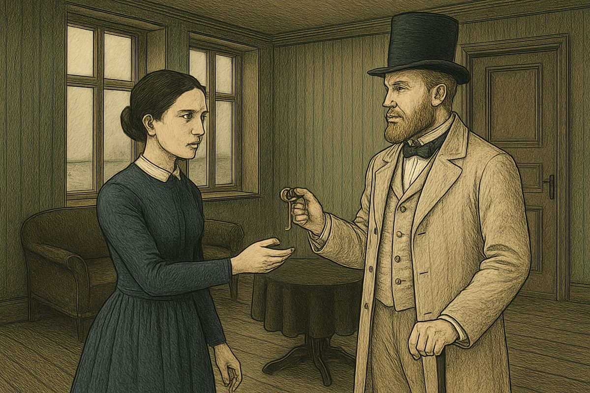 He put his arm round her; she trembled and begged to be let go. “Then you don't love me? Never?” Never, she answered. After a terrible moment he laid the key on the table behind him, and she snatched it and fled.