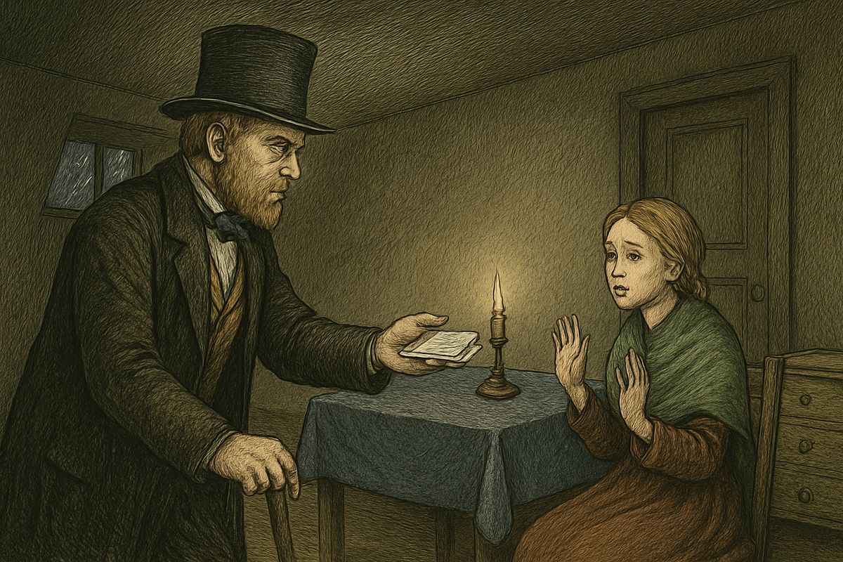 Svidrigaïlov drifted through low haunts all evening. Then, soaked by a thunderstorm, he brought Sonia the receipts for the orphans and three thousand roubles for herself, for Siberia. Near midnight he left fifteen thousand with his young fiancée's parents and walked back into the rain.