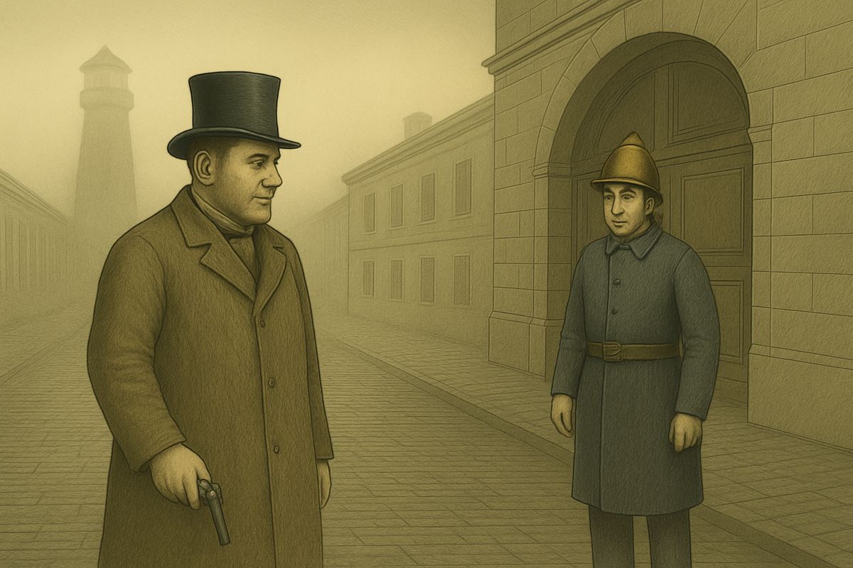 In a thick milky mist he walked to a big house with a watchtower, where a little sentry stood at the gate. “I am going to foreign parts, brother. To America.” Then Svidrigaïlov put the revolver to his temple and fired.