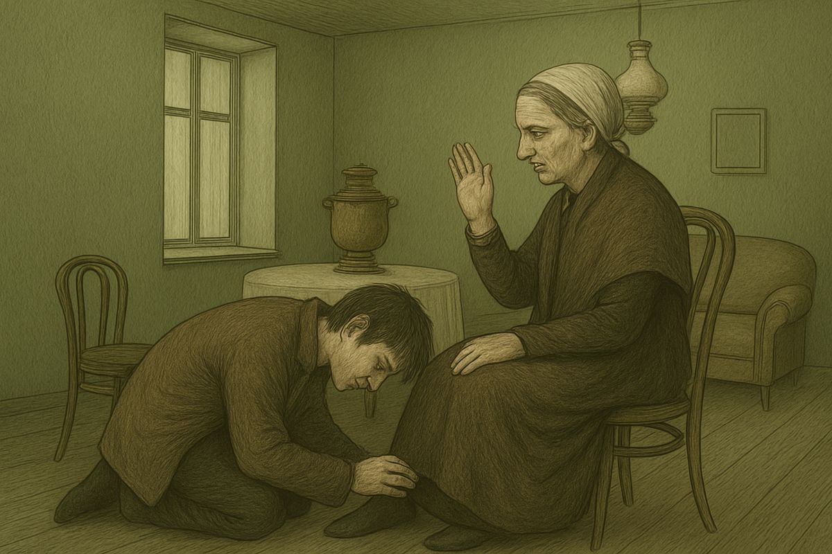 At seven that evening Raskolnikov came to his mother, muddy and haggard. Proud of his printed article, she chattered on until he begged her always to love him. He kissed her feet, and she blessed him with the cross. Was he going far? “Very far.”