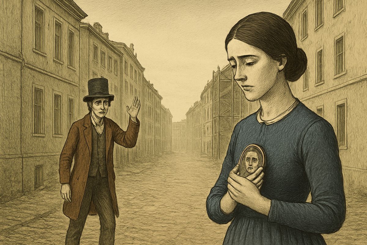 He kissed a little ivory portrait of his dead fiancée, the landlady's daughter, and gave it to Dounia. They went out together. At the corner he waved her away impatiently and was gone, and a moment later was ashamed of it.