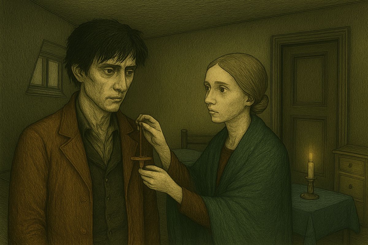 Dounia had spent all day with Sonia, both dreading he would kill himself. At dusk he came: “I have come for your cross, Sonia.” She hung the cypress-wood cross round his neck and made to follow him, but he shouted at her to stay.