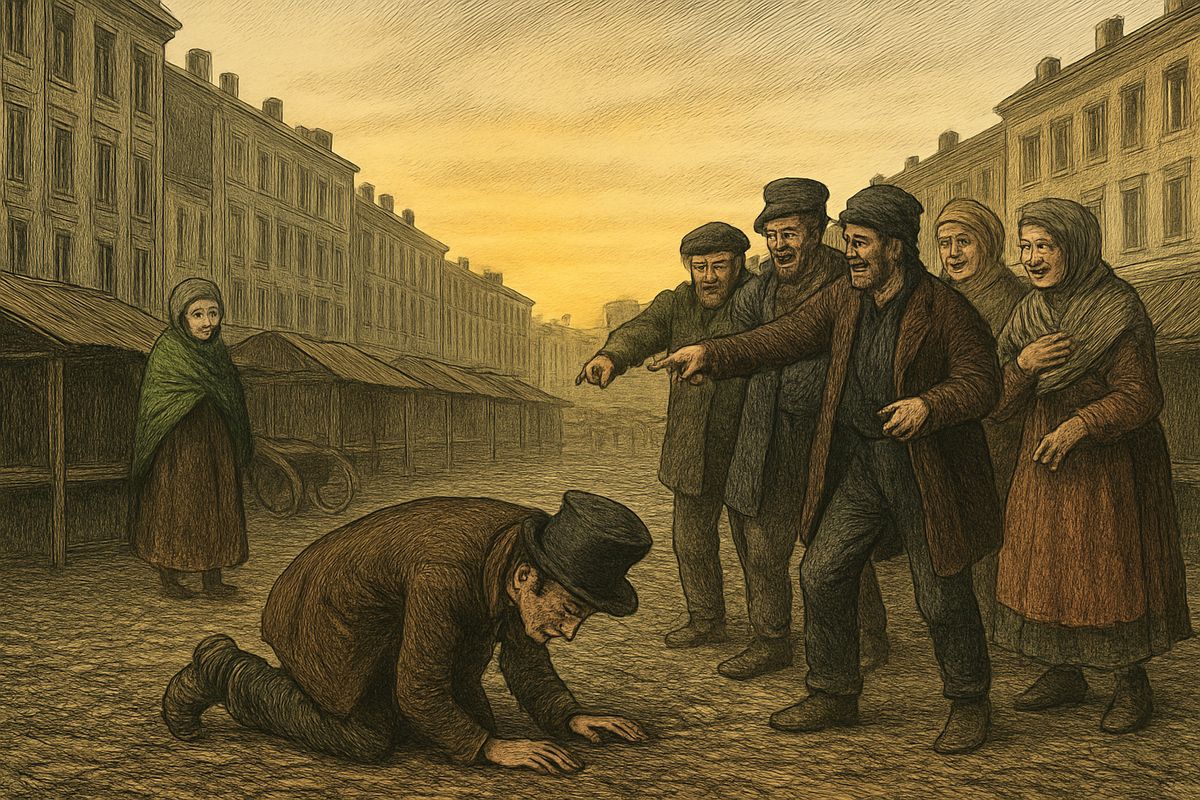 In the Hay Market he remembered Sonia's words, knelt and kissed the filthy earth with joy. The crowd jeered that he was drunk, and “I am a murderer” died on his lips. Then he saw Sonia. She had followed him.