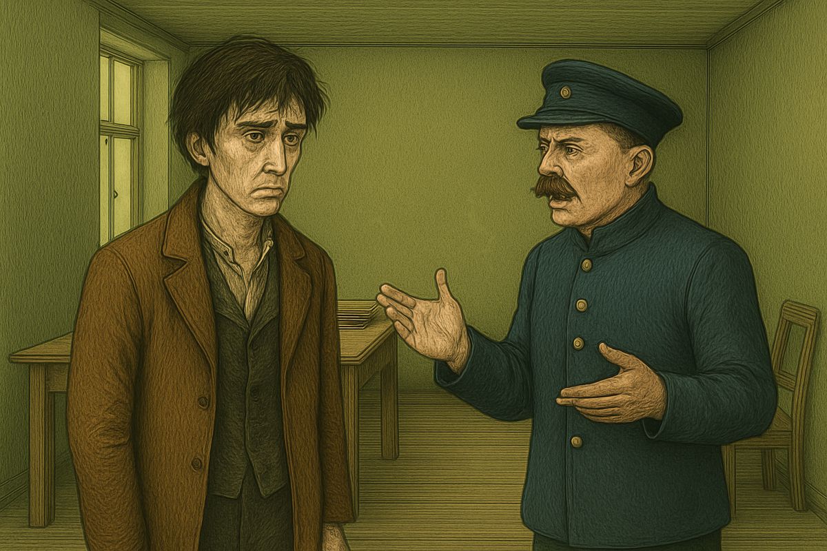 At the police office Ilya Petrovitch, the Explosive Lieutenant, was fresh from dinner and chattered on about literature, Nihilists and 'midwives'. Then he turned to the day's suicides. 'What was the name of that gentleman who shot himself?' 'Svidrigaïlov,' came a drowsy voice. Raskolnikov went cold and muttered his excuses.