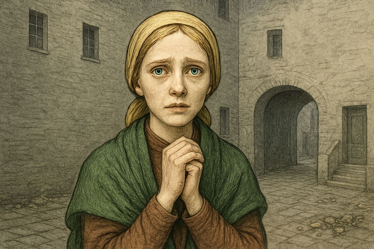 He staggered down the stairs and out into the yard, and there by the entrance stood Sonia, pale and horror-stricken, her hands clasped in despair. His lips twisted into an ugly, meaningless smile. For a minute he stood before her. Then he turned and went back up the stairs.