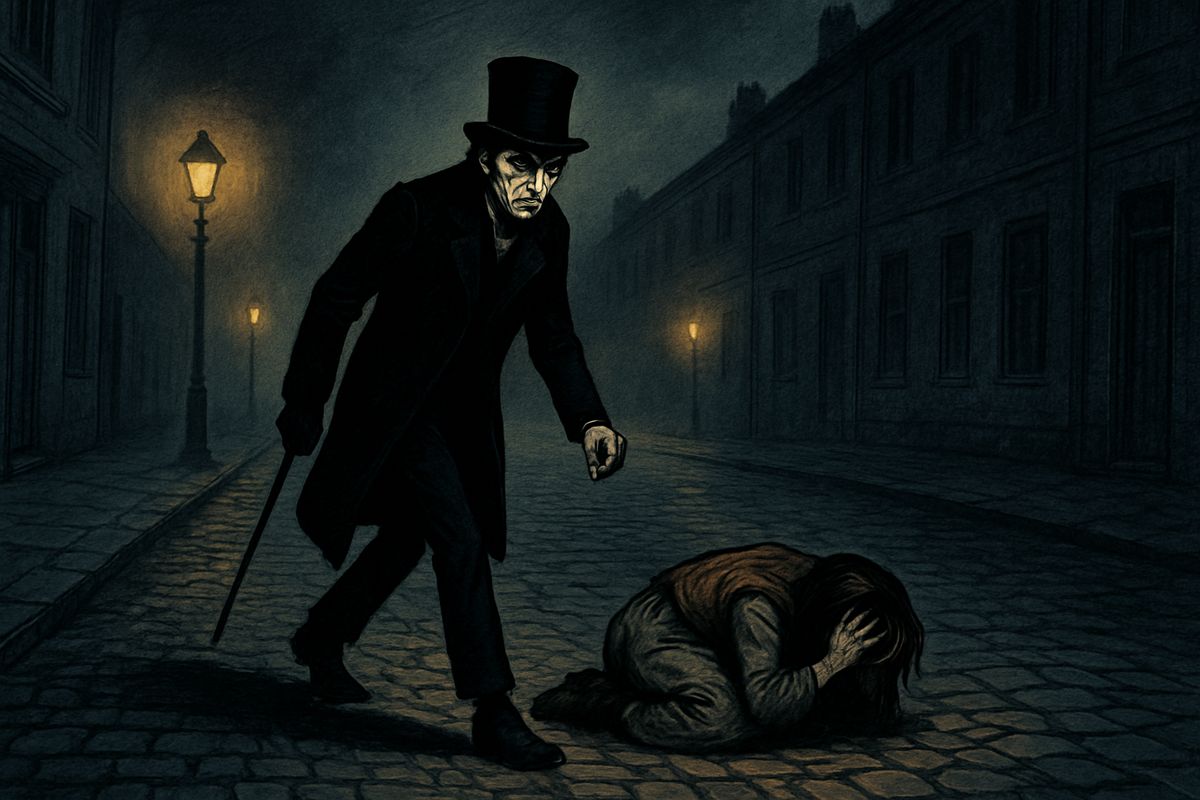 Enfield told of coming home at three on a black winter morning through empty, lamp-lit streets. A little man stumping along ran into a girl dashing round a corner, and then came the horrible part: he trampled calmly over her and walked on, leaving her screaming on the ground. "It wasn't like a man," said Enfield; "it was like some damned Juggernaut."