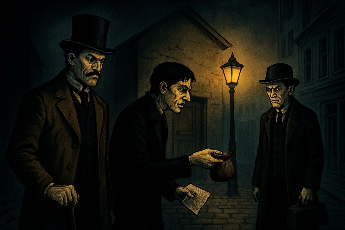 Enfield collared the man and brought him back to the girl's furious family and the doctor, who turned white with loathing at the sight of him. Threatened with scandal, the man agreed to pay a hundred pounds, unlocked that very door with a key and came back with gold and a cheque signed with a famous, respectable name. At the bank next morning, the cheque proved genuine.