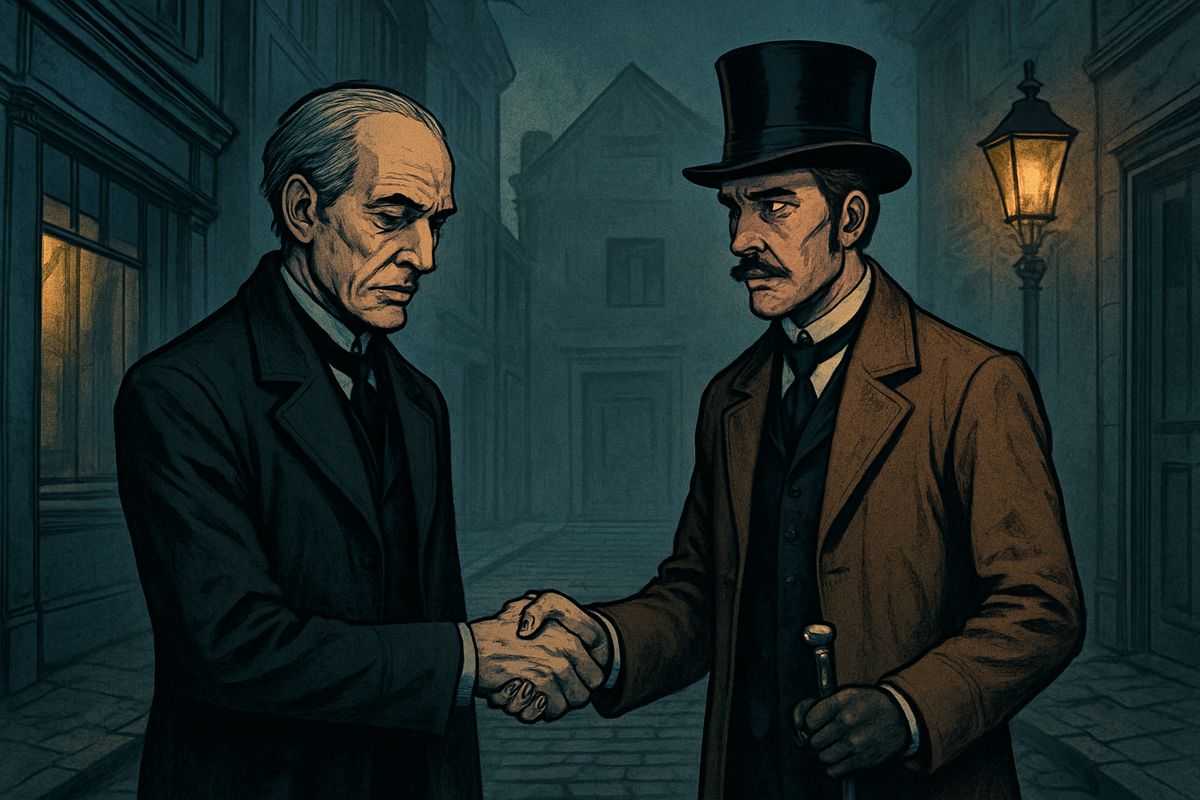 Walking on, Utterson asked the man's name. "Hyde," said Enfield. He could not describe him: something detestable, a feeling of deformity no one could point to. Utterson, grave and quiet, admitted he already knew who had signed the cheque. Ashamed of his long tongue, Enfield proposed they never speak of it again. "With all my heart," said the lawyer, and they shook hands.