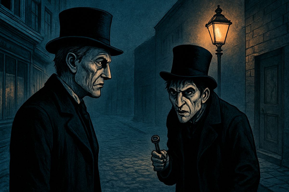At last, on a frosty, silent night, a small man came straight to the door with a key. 'Mr. Hyde, I think?' Hyde turned defiantly, let the lawyer see his face and gave an address in Soho. But when Utterson named Jekyll, Hyde gave a savage, snarling laugh, unlocked the door and was gone.