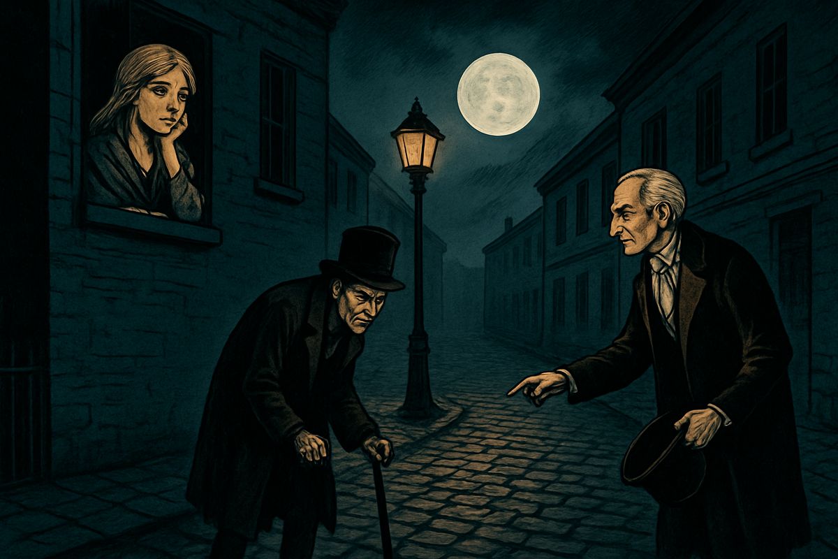 Nearly a year later, one cloudless October night, a maid sat dreaming at her window above a moonlit lane near the river. Below, a courteous white-haired gentleman bowed to ask a small man his way, and with a start she recognised the small man as Mr. Hyde, who had once visited her master.