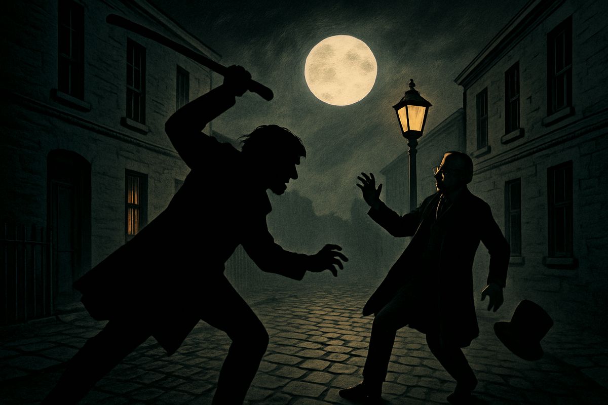 Hyde answered never a word, trifling with his heavy cane in ill-contained impatience. Then all at once he broke out in a great flame of anger and, with ape-like fury, clubbed the old man to the earth and trampled him. At the horror of those sights and sounds, the maid fainted.