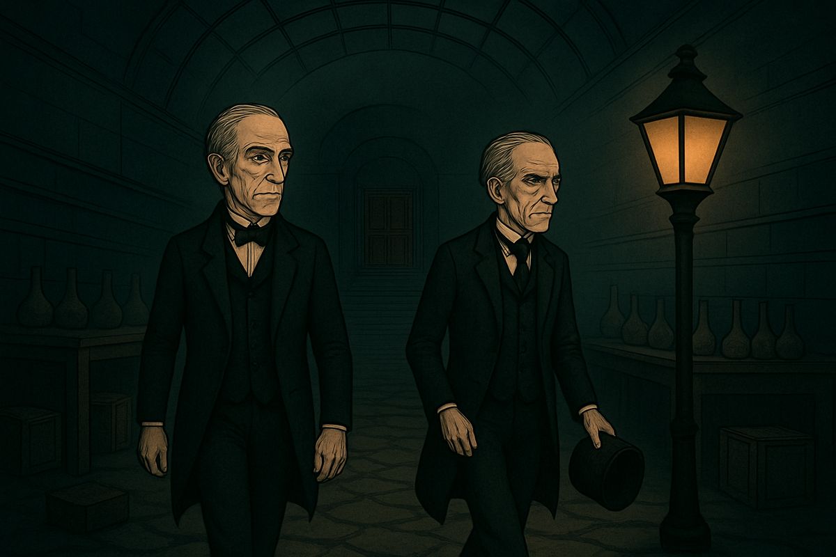Late that afternoon, Poole led Mr. Utterson across the yard that had once been a garden, and into the building at the bottom of it. For the first time the lawyer crossed the old dissecting theatre, once crowded with eager students and now gaunt and silent, full of apparatus and packing straw, towards the red door where Dr. Jekyll waited.