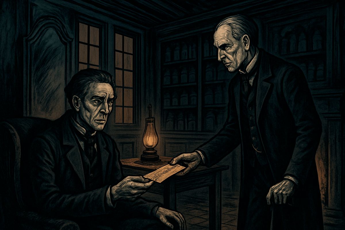Jekyll sat close to the fire, looking deathly sick. "I swear to God I will never set eyes on him again," he cried, and handed over a letter in an odd, upright hand signed "Edward Hyde," saying it had been delivered by hand. Yet on his way out Utterson learned from Poole that no letter had come to the house that day.