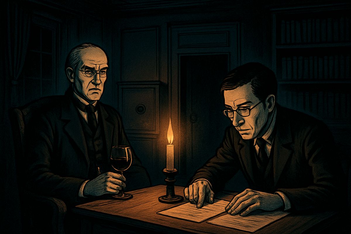 That evening, over a very old wine by his own hearth, Utterson showed the letter to his head clerk, Mr. Guest, a keen student of handwriting. Just then a dinner invitation came from Jekyll. Guest laid the two sheets side by side: the same hand, only differently sloped. Alone that night, Utterson locked the note in his safe. "Henry Jekyll forge for a murderer!" His blood ran cold.