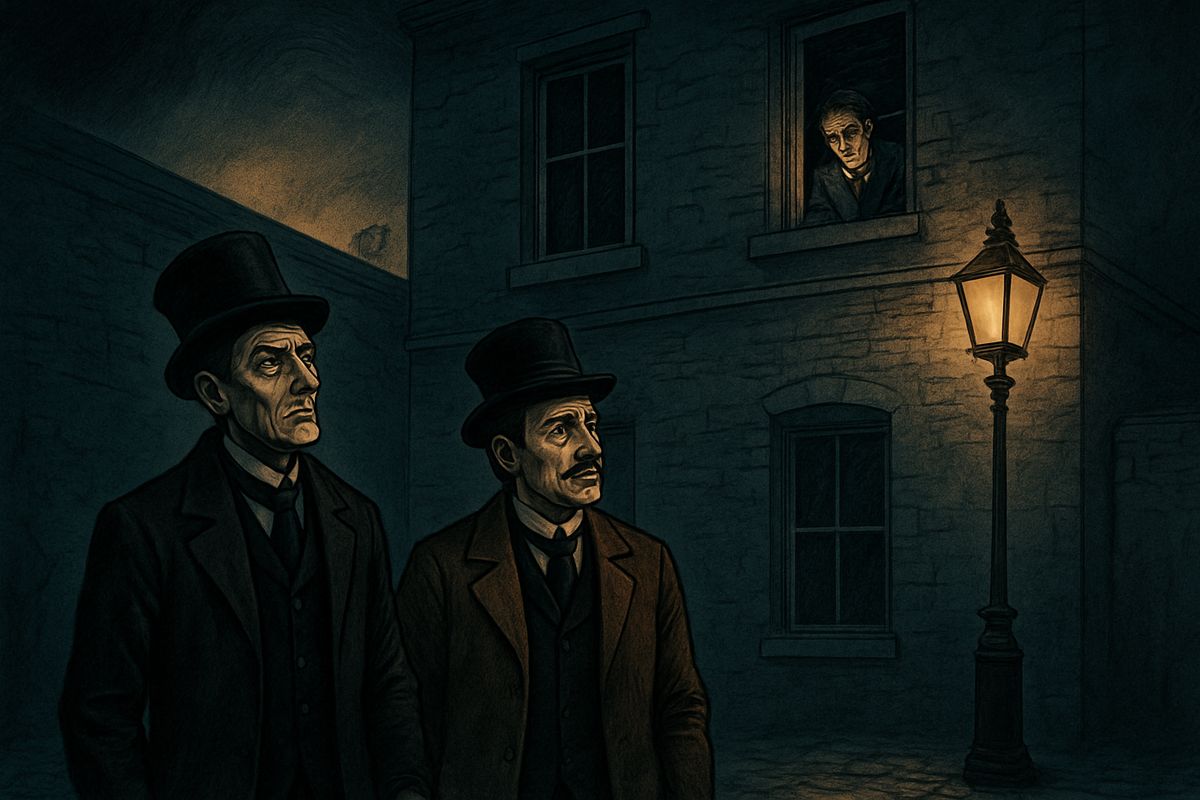 On a Sunday walk, Enfield admitted he had since learned the door was a back way to Dr. Jekyll's, so the two friends stepped into the cool, dim court behind it. At a half-open window sat Jekyll, sad as a prisoner. "I am very low, Utterson," he said. He dared not come out, but smiled gladly when they offered to talk from below.