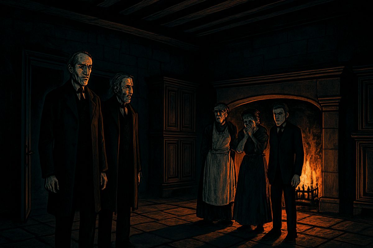 Utterson took his hat and followed him through streets swept bare by the wind, under a pale moon lying on her back. At Jekyll's house the door opened only on the chain. Inside, the servants stood huddled around a high-built fire like a flock of sheep, and a housemaid whimpered. "They're all afraid," said Poole.