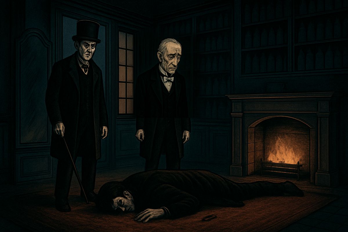 They waited in the dark theatre and listened to a light, swinging step pacing the cabinet floor. "Utterson, for God's sake, have mercy!" cried the voice. It was Hyde's. On the fifth blow of the axe the red baize door fell in. In the quiet lamplight, by a singing kettle, Hyde lay dead in clothes far too large for him, a crushed phial in his hand.