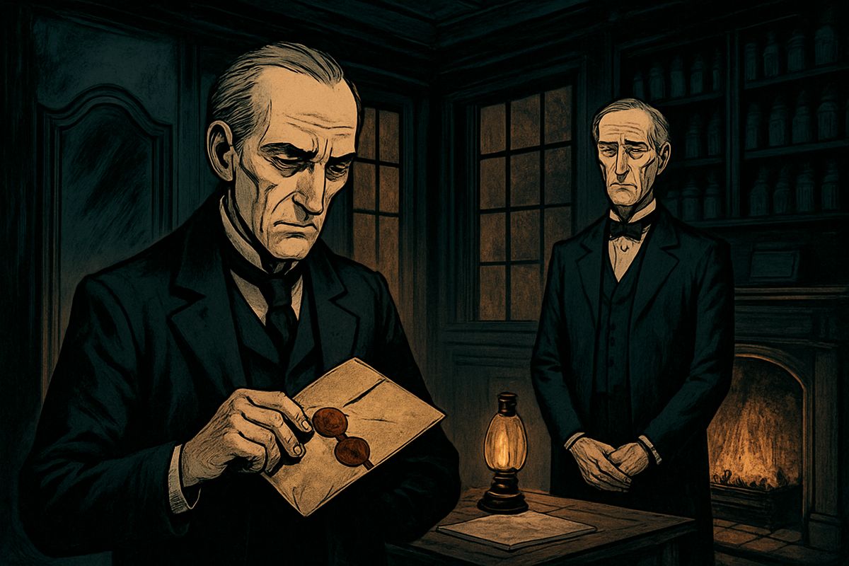 They searched the theatre, the closets and the cobwebbed cellar, but found no trace of Jekyll, dead or alive. In the cabinet lay a pious book scrawled with blasphemies, and a tall mirror showed only their own pale faces. An envelope held a new will naming Utterson, a note from Jekyll dated that very day, and a sealed confession, which the lawyer took home to read.