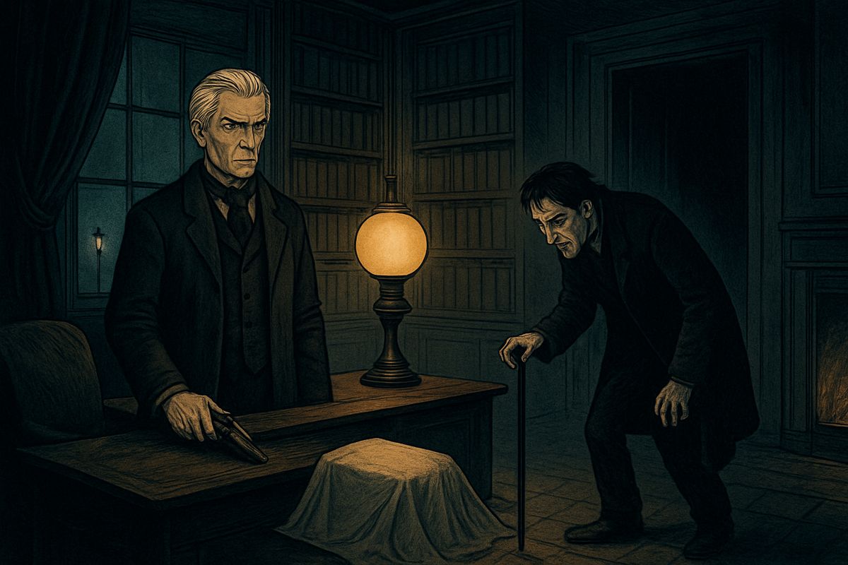 Lanyon fetched the drawer and found powders, a phial of blood-red liquid and a notebook of dates marked "double" and "total failure!!!" Sure his friend was mad, he sent his servants to bed and loaded a revolver. At midnight a small man in huge, rich clothes crept in, and something about him turned Lanyon's blood cold.
