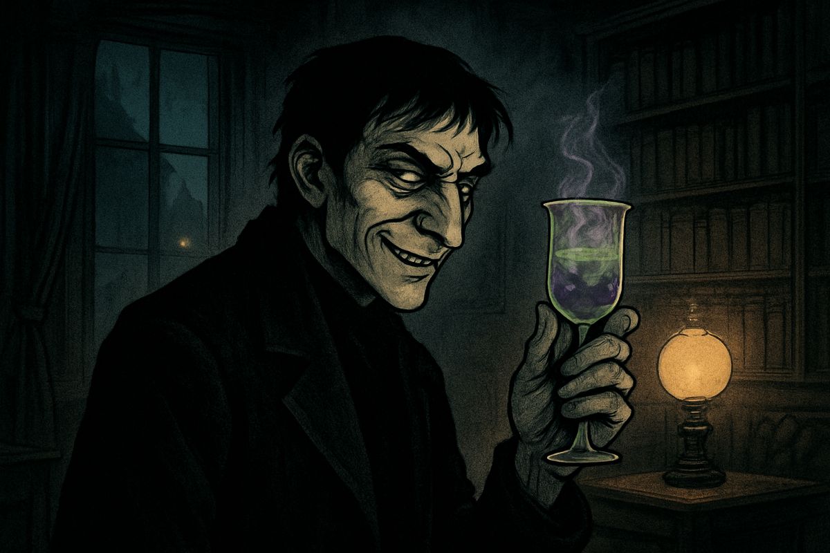 The visitor mixed the red tincture with a powder. It fizzed, smoked, turned dark purple, then a watery green. Then he offered Lanyon a choice: let him go and know nothing, or stay and see something to shake his whole science. "I have gone too far," said Lanyon, "to pause before I see the end."