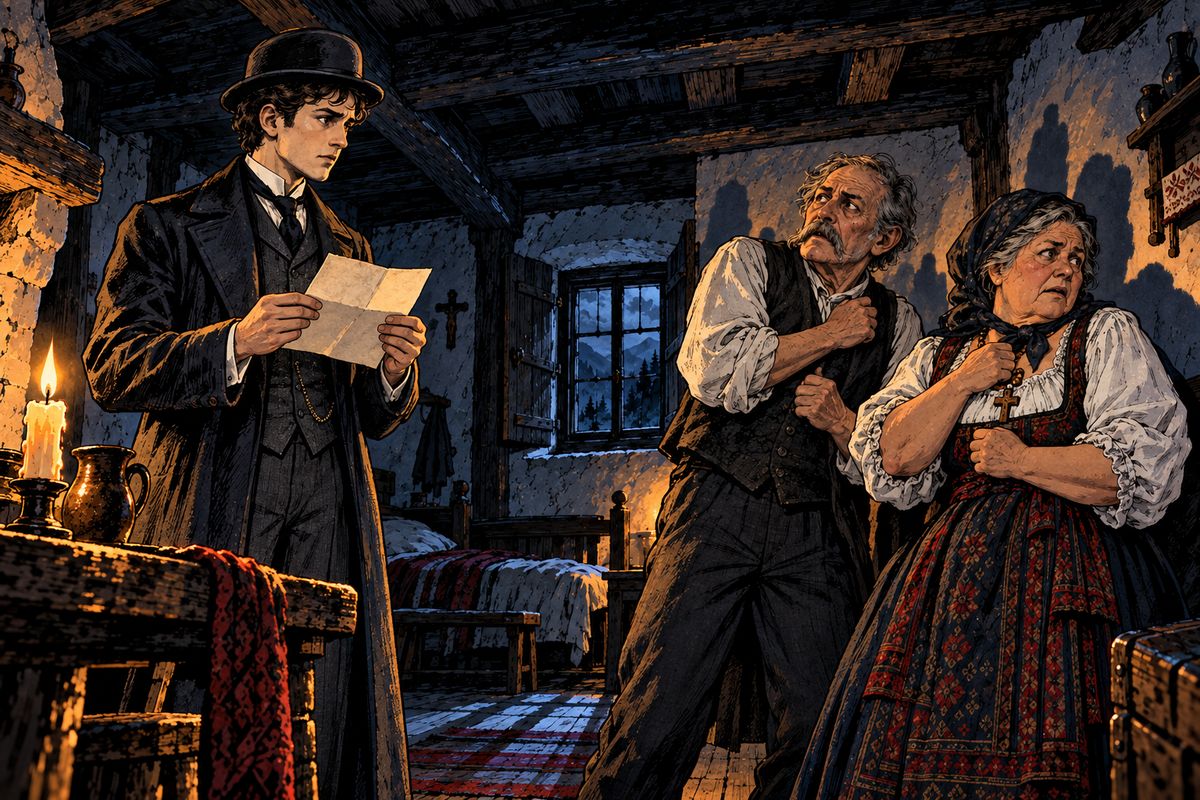 At the Golden Krone in Bistritz a letter from Count Dracula awaited him: a carriage would meet him at the Borgo Pass. But when Jonathan asked about the Count, the landlord and his wife crossed themselves and said nothing more.