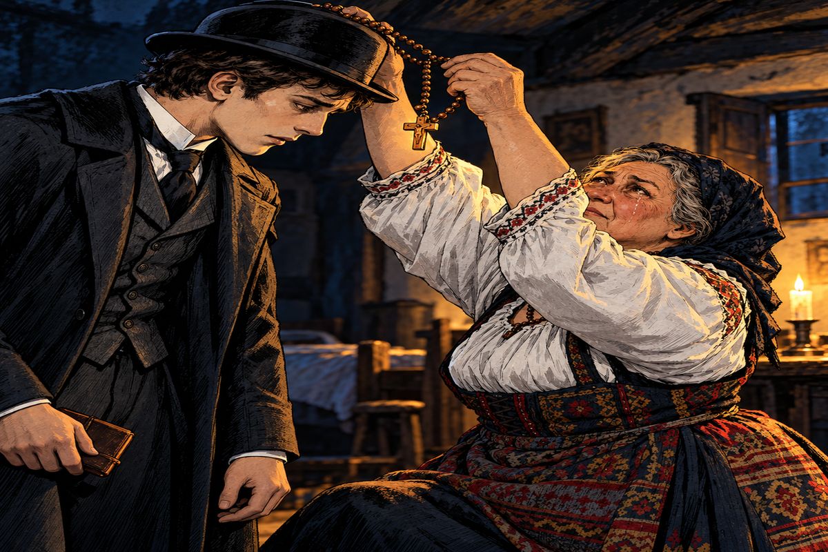 As he left, the landlady fell to her knees and begged him not to go. 'It is the eve of St. George's Day, when all the evil things in the world have full sway.' At last she hung her own crucifix round his neck.