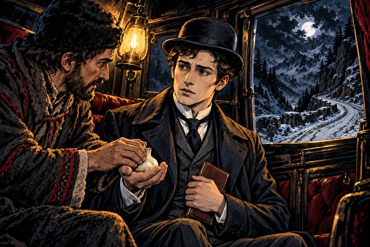 All afternoon the coach climbed toward the snowy Carpathians, and after dark the driver whipped the horses on frantically. Near the Borgo Pass the frightened passengers pressed garlic and little charms on Jonathan, each with a blessing and the sign of the cross.