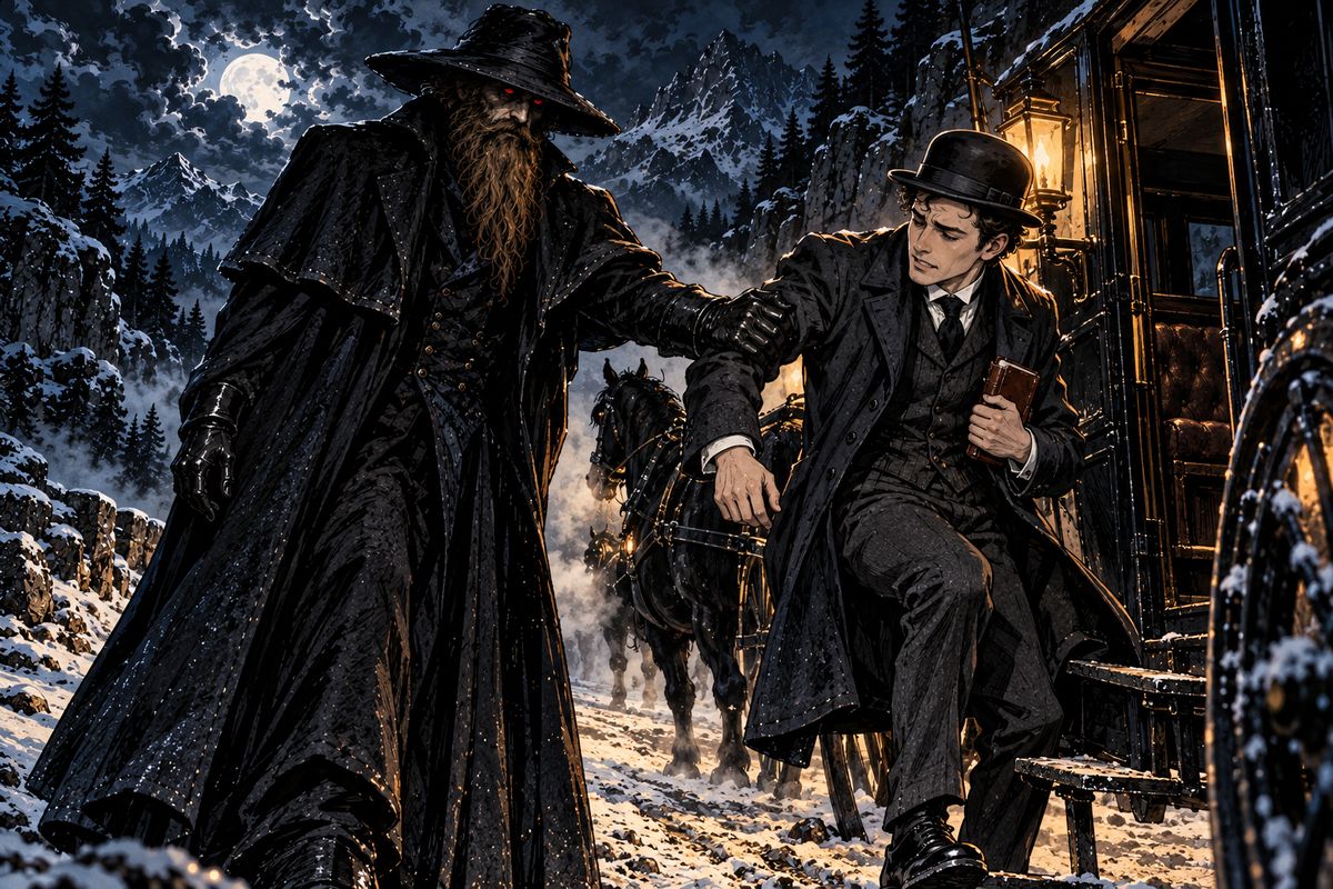 No carriage waited at the pass. Then a black calèche raced up, its tall driver's face hidden by a great hat, and he helped Jonathan across with a grip like steel. A passenger whispered, 'For the dead travel fast.'