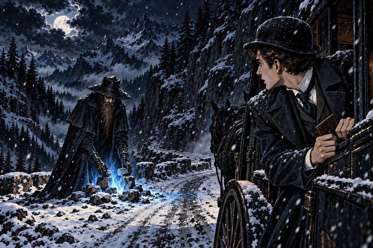 Through the night the calèche seemed to cover the same ground again and again. Wolves howled, snow fell, and whenever a faint blue flame flickered beside the road, the driver jumped down to mark the spot with stones.