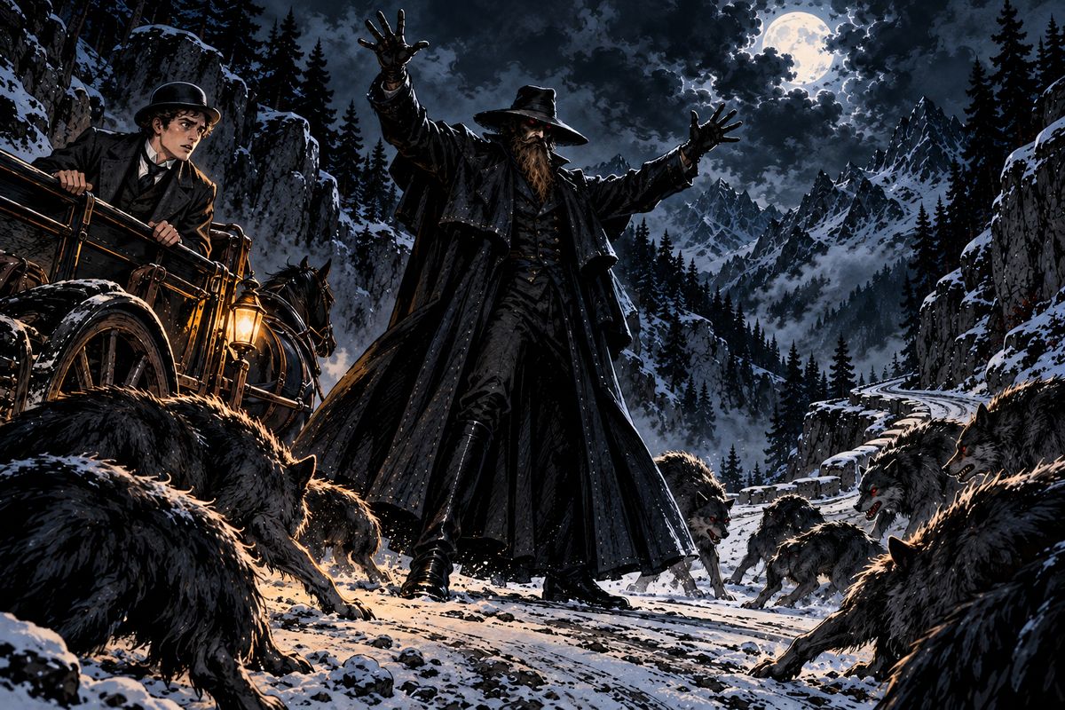 Then the moon broke through, and Jonathan saw a silent ring of wolves surrounding them. He shouted and beat on the calèche, but it was the driver who stood in the road, raised his long arms, and drove them back into the dark.