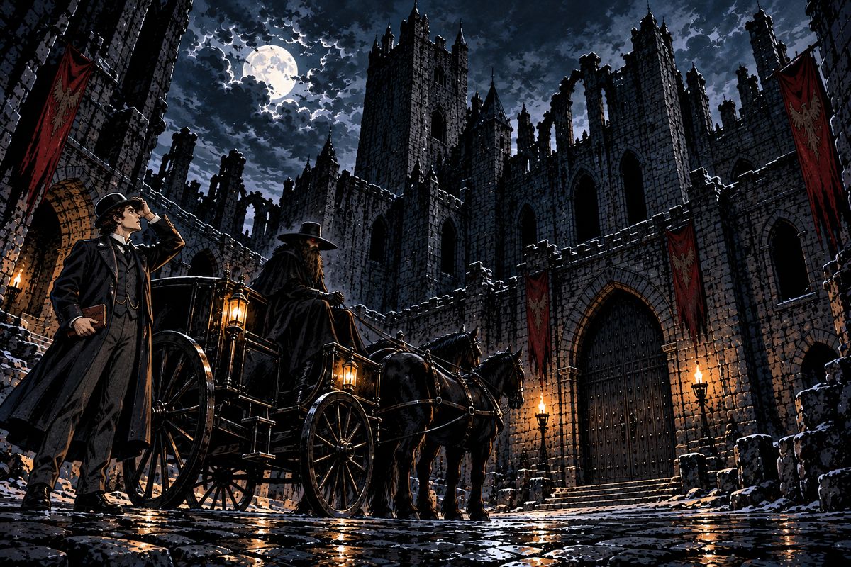 When the clouds cleared, the wolves were gone and the driver was back in his seat. Too afraid to speak, Jonathan climbed on through the dark until they pulled up in the courtyard of a vast, ruined, unlit castle.