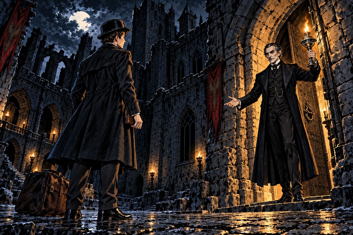 Left alone at a great iron-studded door, Jonathan heard bolts draw back. A tall old man in black, holding a silver lamp, waited until Jonathan crossed the threshold. "Welcome to my house! Enter freely and of your own will!"