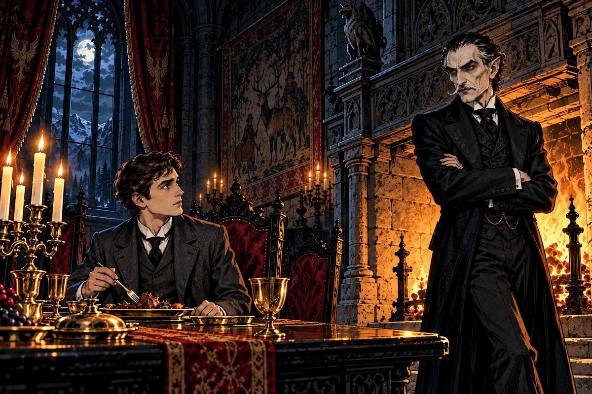 The Count carried the luggage up himself to a warm room where supper waited, and watched from beside the fire as Jonathan ate. "Excuse me that I do not join you; but I have dined already, and I do not sup."