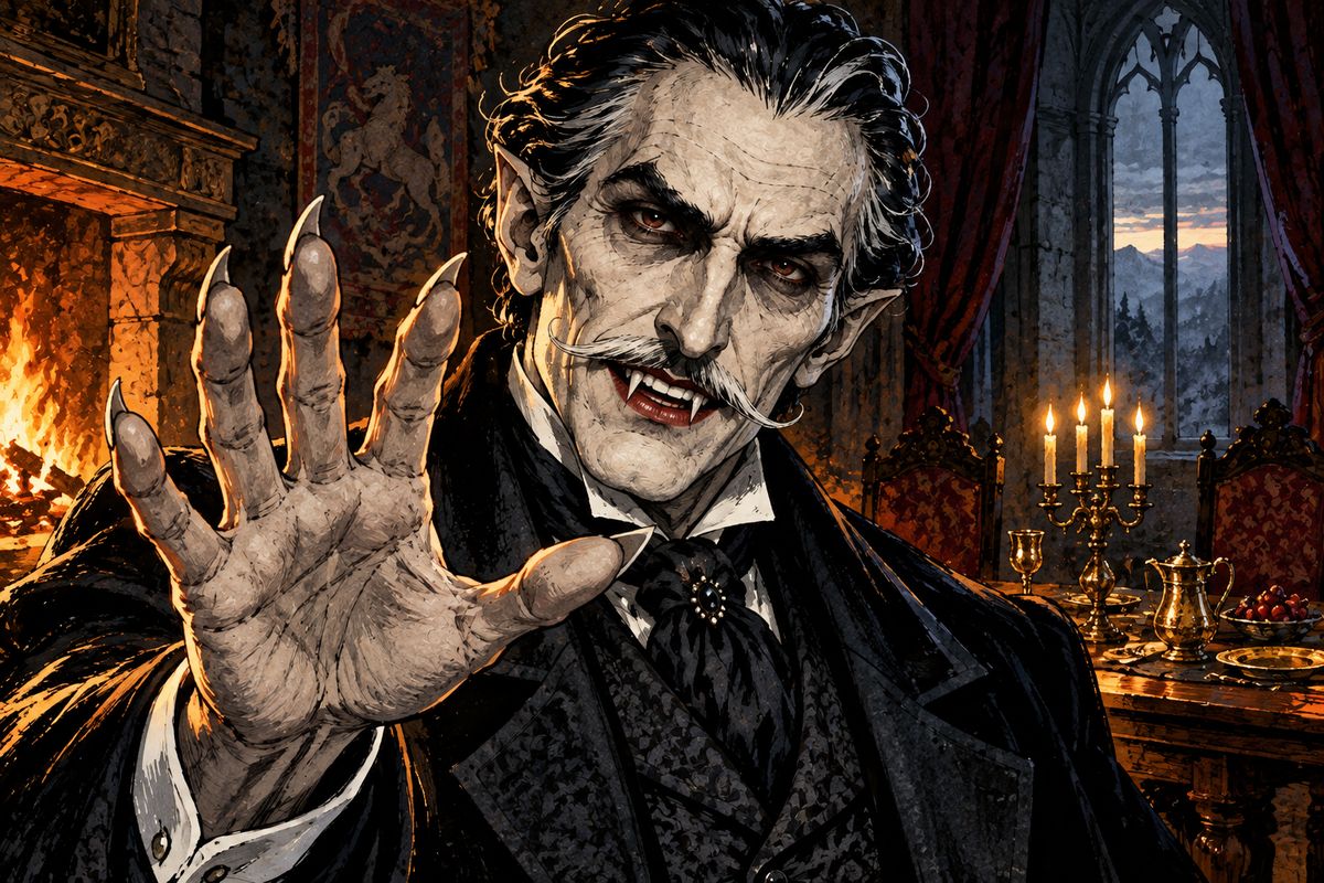 Up close, Jonathan noticed the Count's sharp white teeth, pointed ears and hairy palms, and shuddered at his cold touch. At dawn wolves howled in the valley, and the Count's eyes gleamed. "Listen to them—the children of the night. What music they make!"