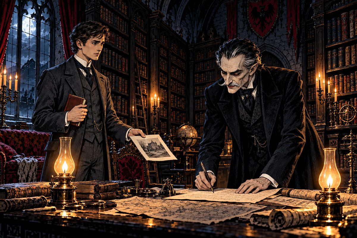 In a library full of English books, the Count spoke of longing for London's crowded streets. Over the deeds, the Count bought Carfax, an old walled estate at Purfleet with a chapel. "I am glad that it is old and big."
