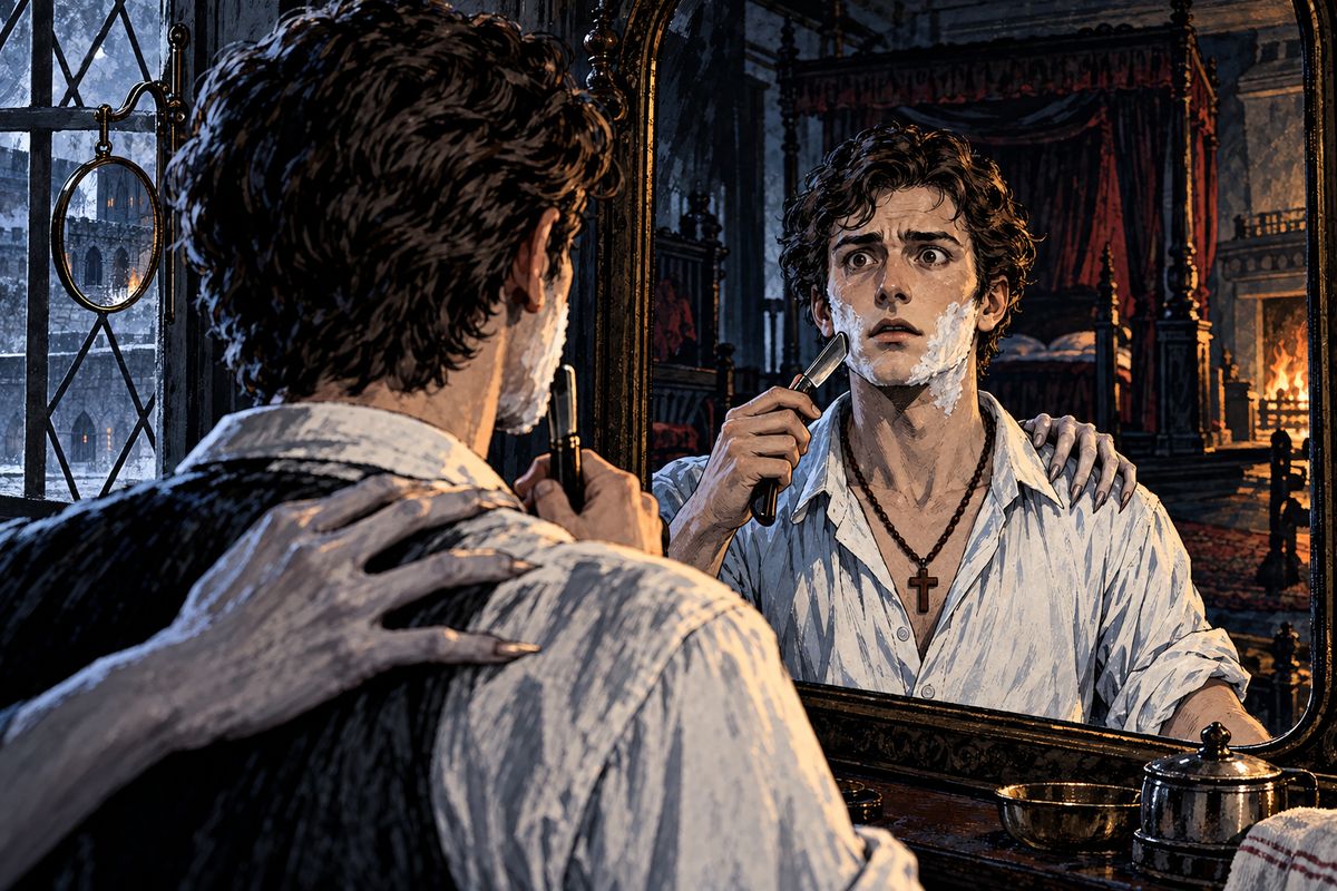 With no mirrors in the castle, Jonathan shaved by the window with his own small glass. A hand fell on his shoulder and the Count said good morning, yet the glass showed no reflection of him at all.