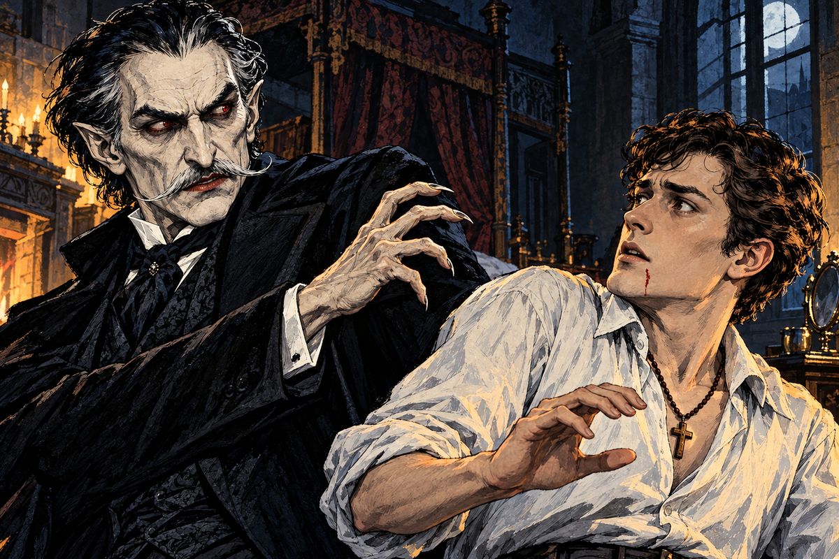 Startled, Jonathan cut his chin. The Count's eyes blazed at the blood and he clutched at his throat, but when his hand touched the crucifix beads, his fury vanished. "Take care how you cut yourself. It is more dangerous than you think in this country."