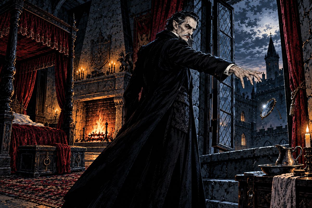 Then the Count seized the shaving glass. "It is a foul bauble of man's vanity. Away with it!" He flung it from the window to shatter on the courtyard stones far below, and left without another word.