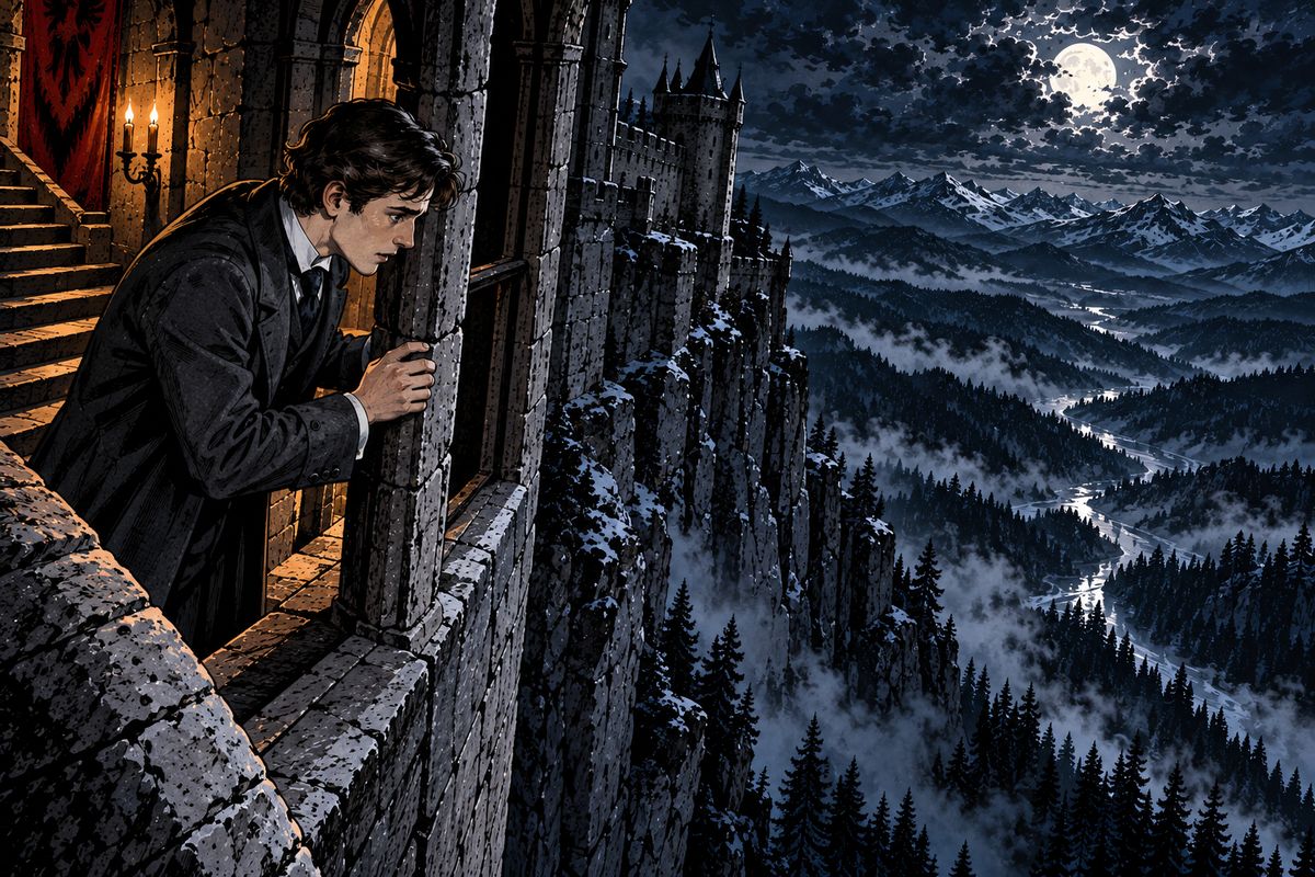 Exploring alone, Jonathan found a window above a thousand-foot precipice. Everywhere else there were doors, doors, doors, all locked and bolted. The truth struck him: the castle was a prison, and he was its prisoner.