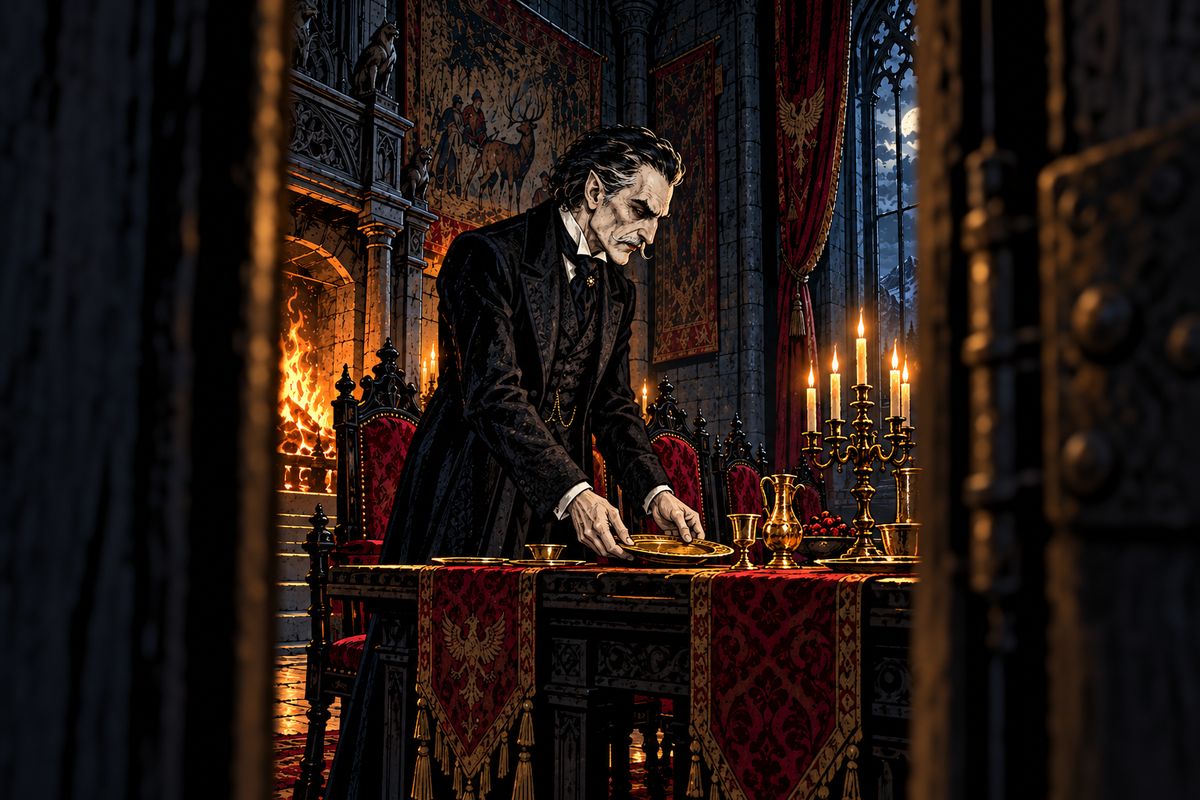 After rushing about like a rat in a trap, Jonathan resolved to hide his fears. Through a crack by the hinges he saw the Count laying the table: there were no servants. So the Count himself had driven the coach and held back the wolves.