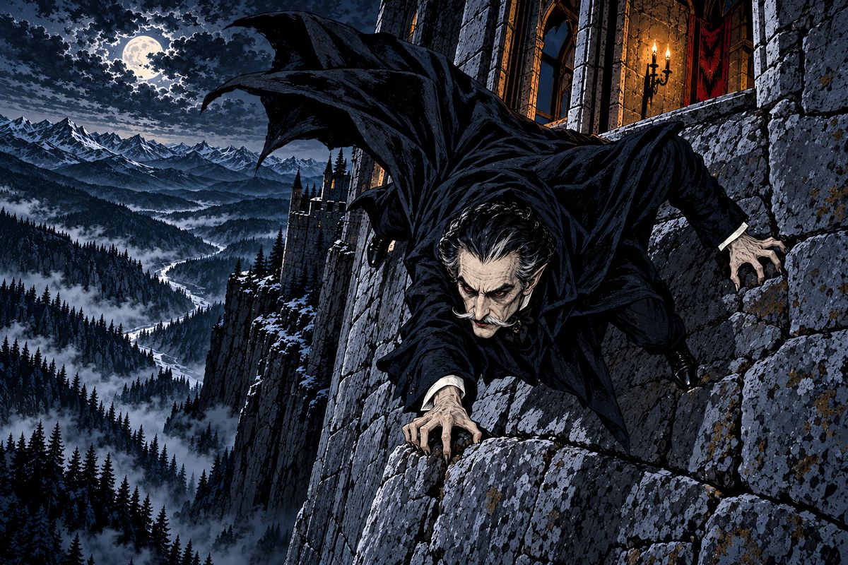 Later, at the south window in the moonlight, Jonathan saw the Count emerge from a window below and crawl face down over the dreadful abyss, gripping the stones like a lizard. What manner of creature was this?