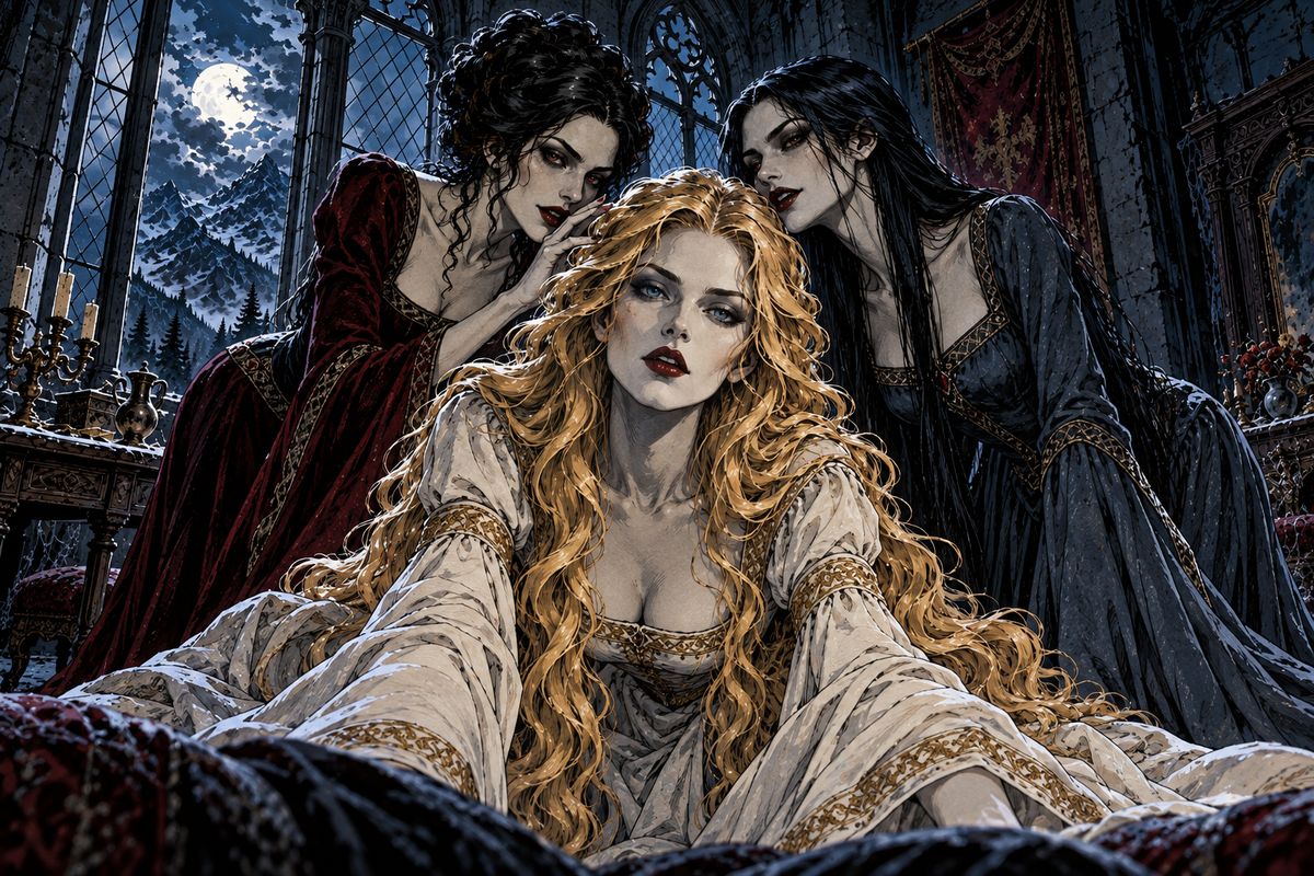 Ignoring the warning, Jonathan fell asleep in a moonlit wing and woke to find three young women watching him, casting no shadow. The dark ones urged on the fair one with a silvery laugh. "Go on! You are first, and we shall follow."