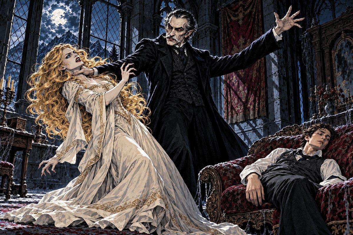 As her lips touched his throat, the Count burst in and hurled her back. "This man belongs to me!" He threw the women a bag that gave a half-smothered wail, like a child. They faded into the moonbeams, and Jonathan fainted.