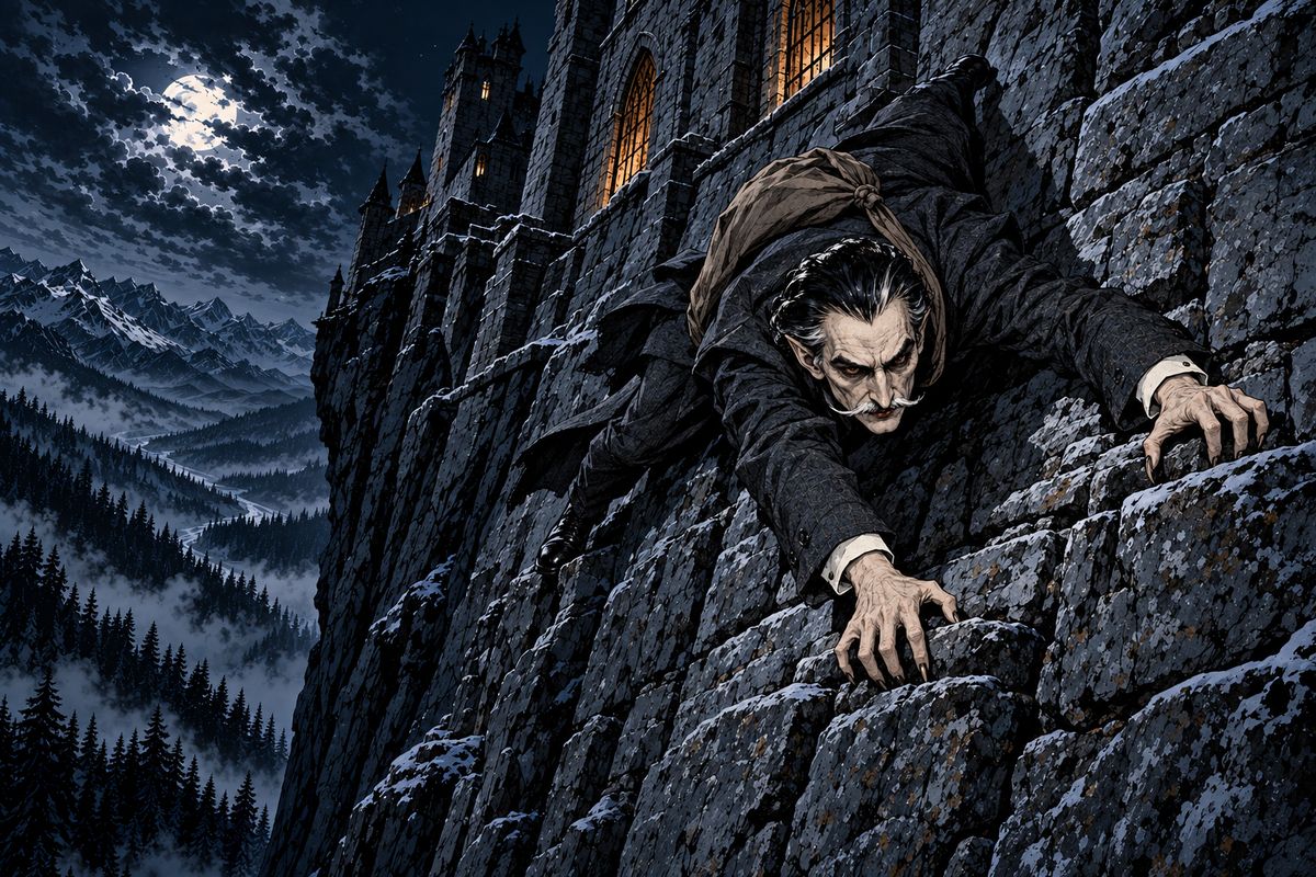 Soon Jonathan's papers and travelling suit vanished. On 24 June he watched the Count crawl head-first down the sheer wall wearing that stolen suit, so that any evil done in the villages would be blamed on the Englishman.