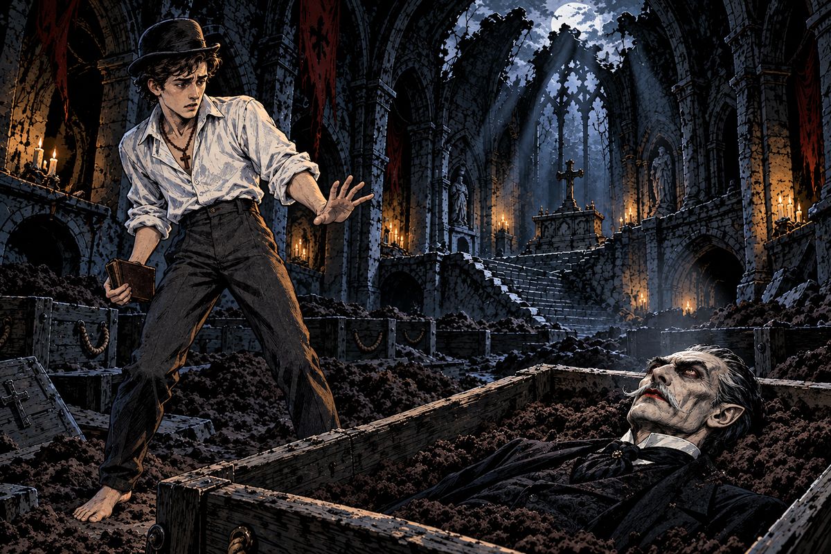 A winding stair led down to a ruined chapel reeking of fresh earth. Fifty great boxes of soil stood there, and in one lay the Count, eyes open and stony, without breath or pulse. Their look of hate sent Jonathan fleeing.