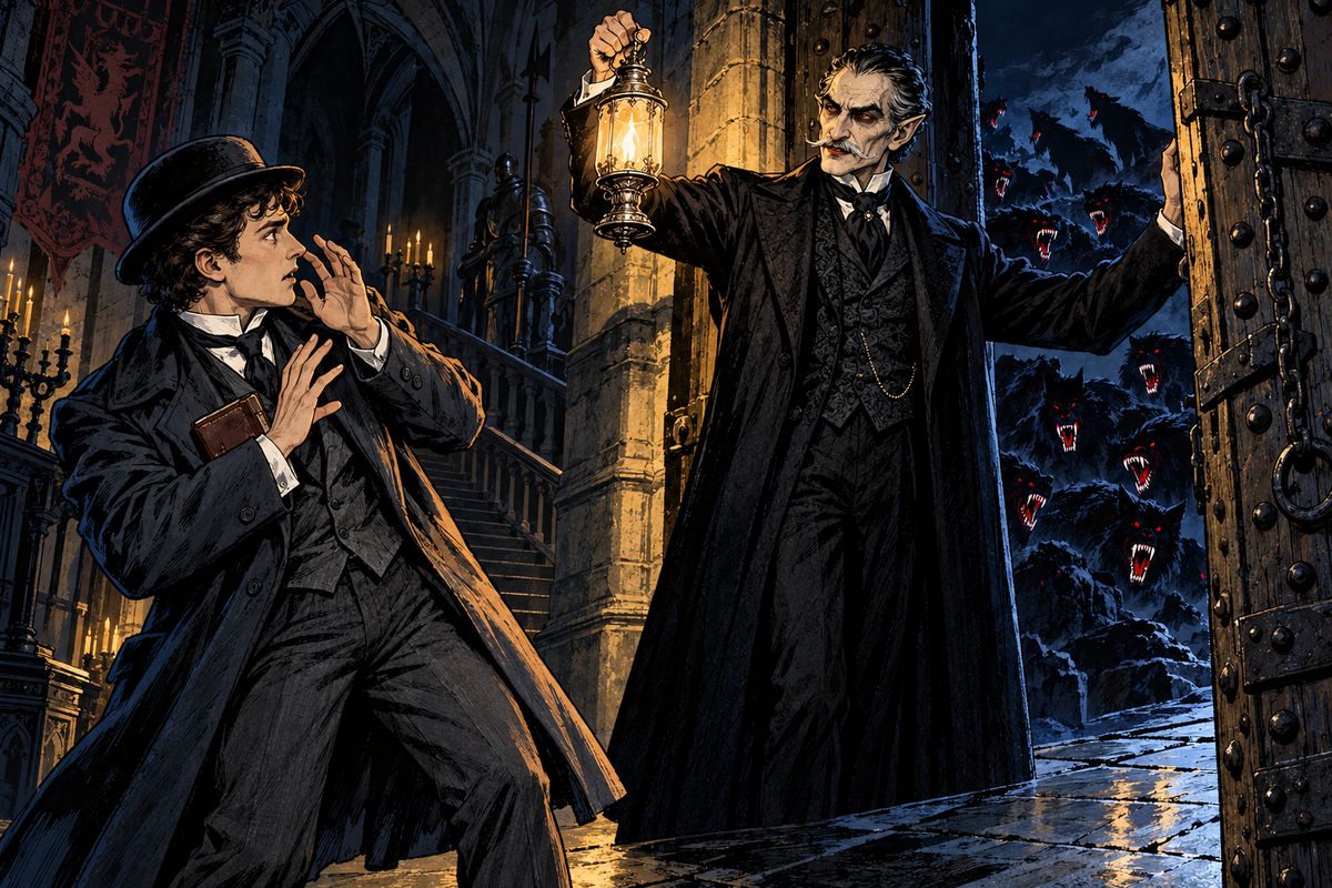 On 29 June the Count said Jonathan could leave tomorrow. When Jonathan asked to go at once, the Count opened the great door, and wolves leapt howling at the gap. 'Shut the door,' Jonathan cried. 'I shall wait till morning!'