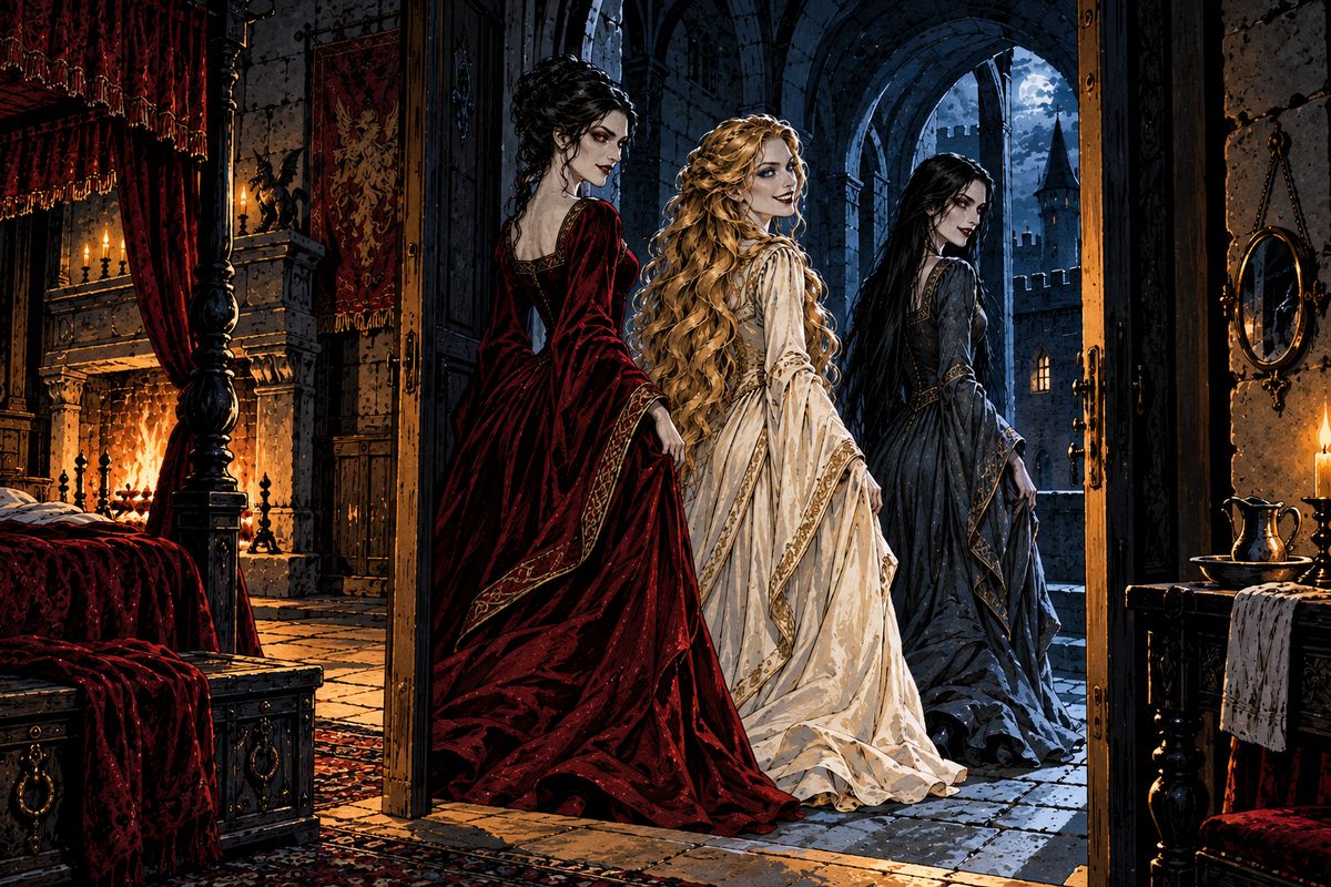 That night Jonathan heard the Count outside his door: 'To-night is mine. To-morrow night is yours!' He flung it open and found the three terrible women licking their lips. They burst into horrible laughter and fled down the passage.