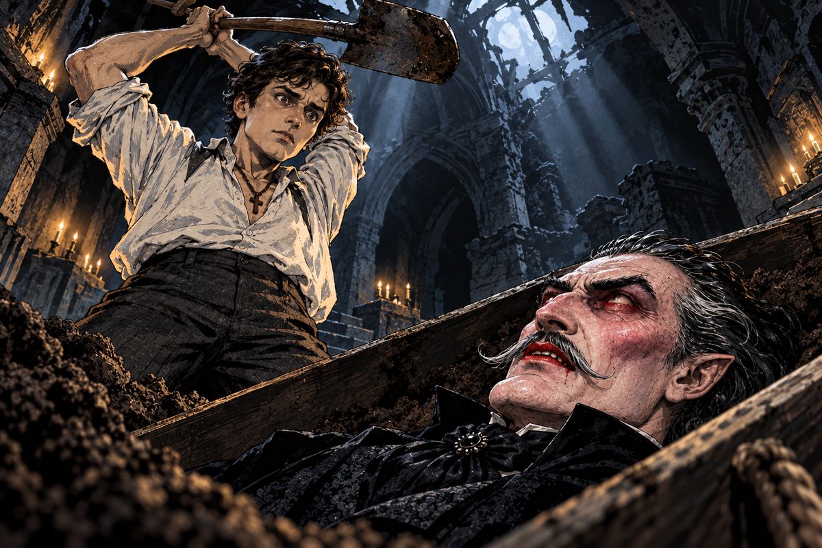 At dawn the great door was locked again, so Jonathan crept down to the chapel to search the Count for the key. Finding him in his box looking younger and bloated, Jonathan struck with a shovel, but the blade only gashed his forehead.